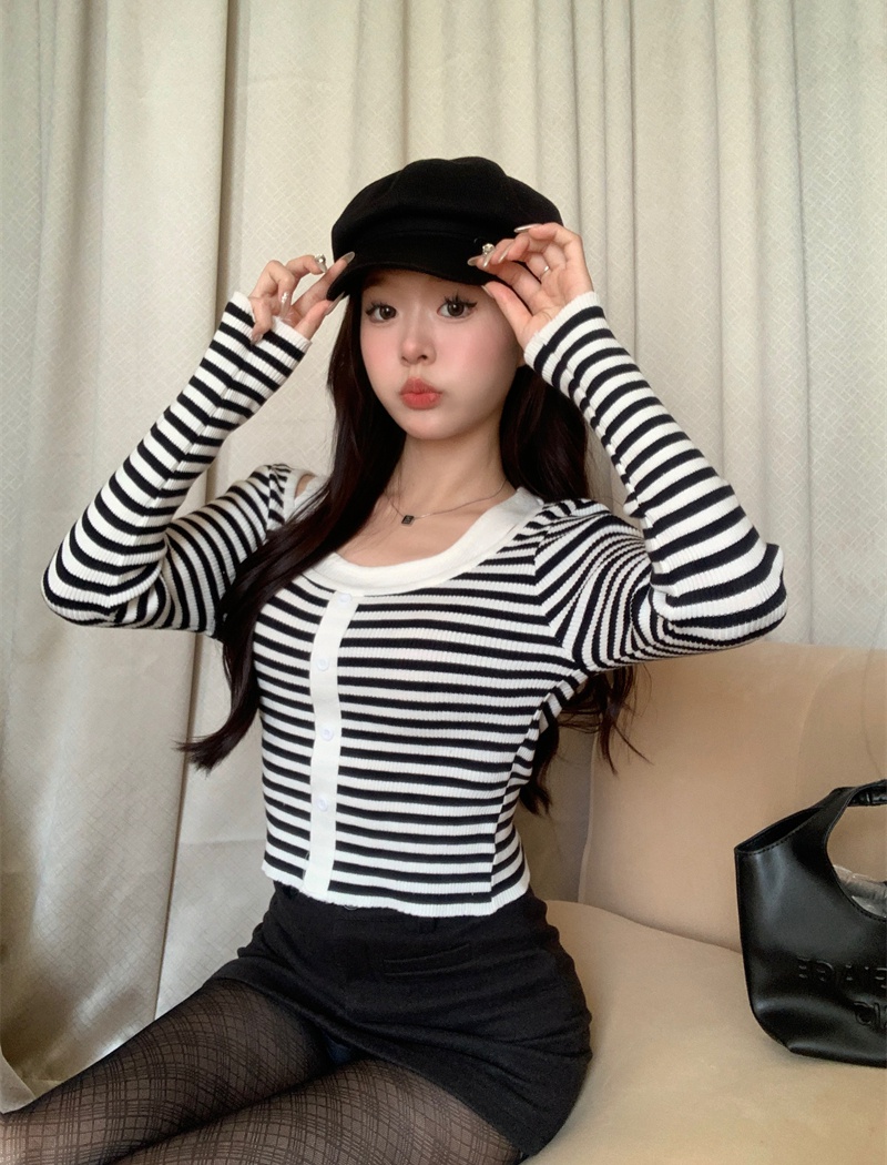 Long sleeve square collar tops stripe hollow sweater