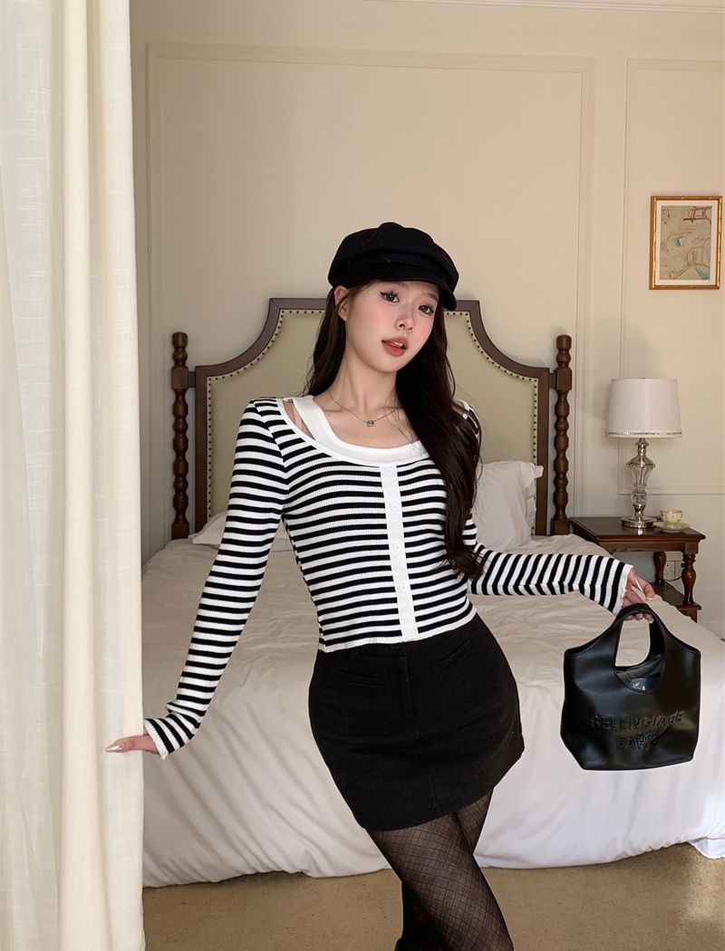 Long sleeve square collar tops stripe hollow sweater