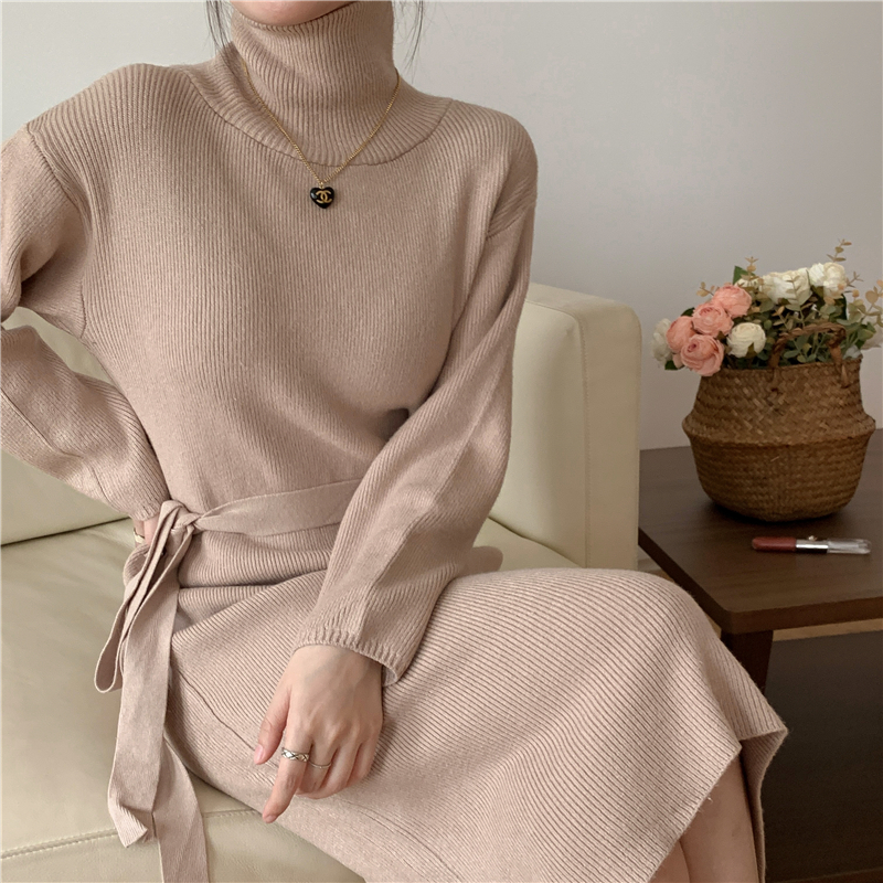 High collar all-match knitted dress for women