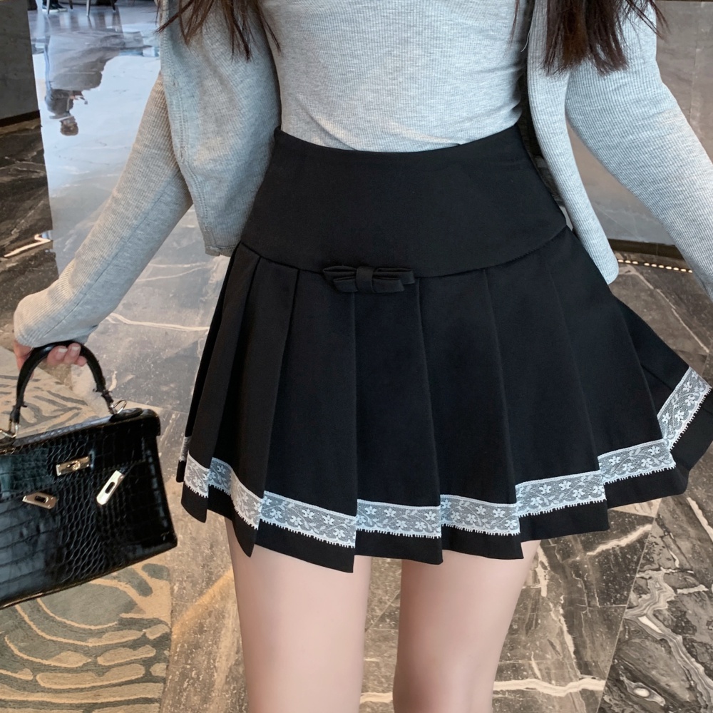 All-match college pleated slim retro thick gray lace skirt