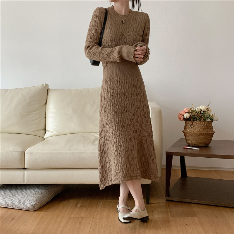 Knitted slim high waist long pinched waist dress