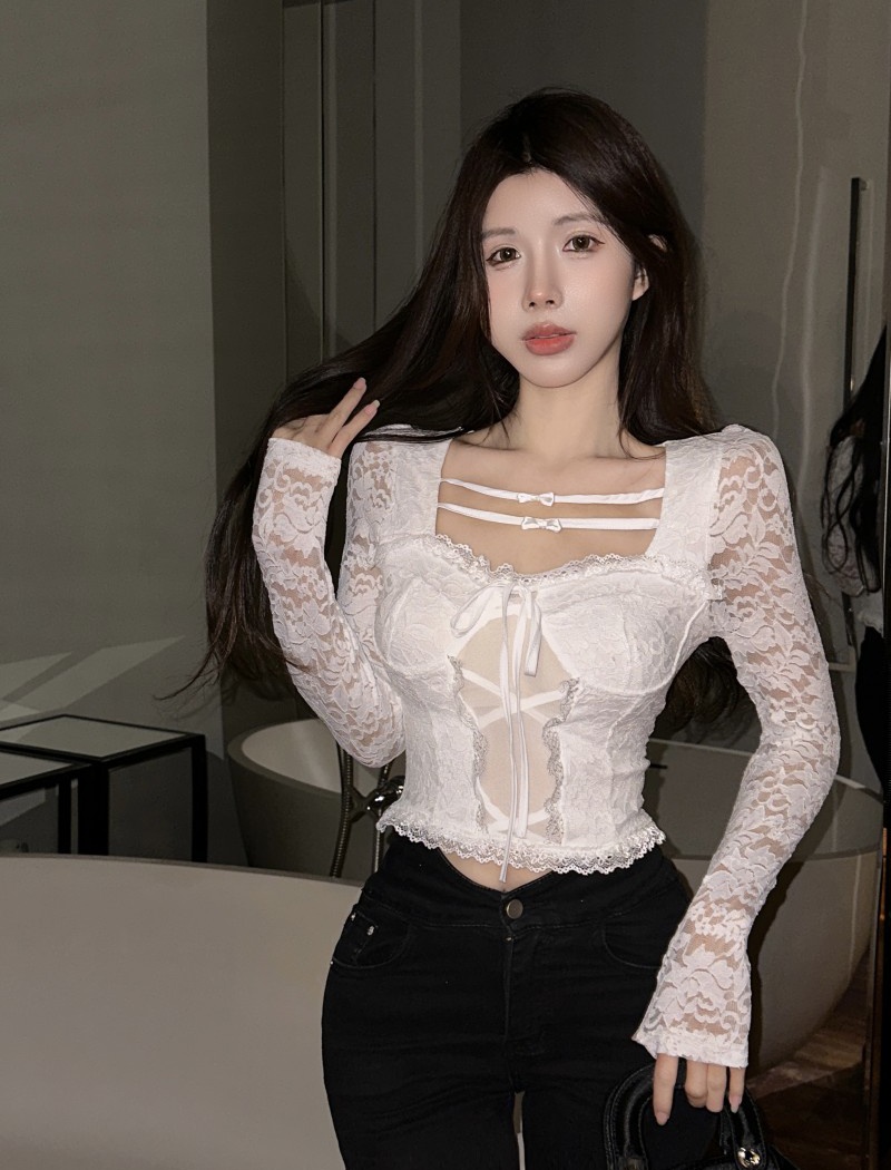 Lace long sleeve bottoming shirt short tops for women