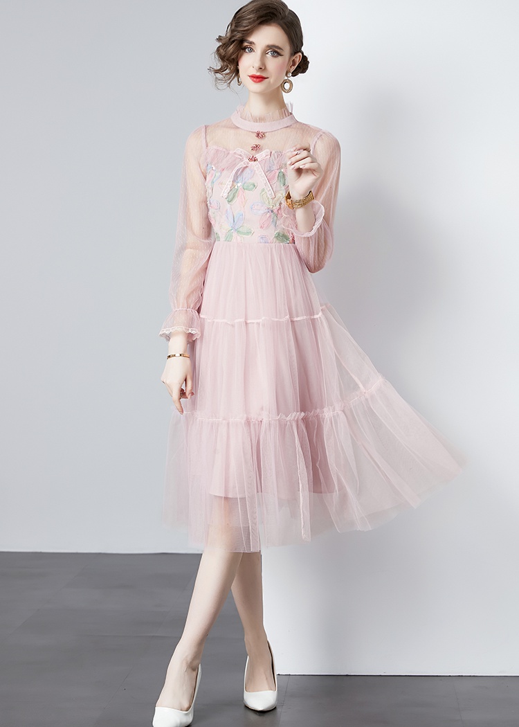 Pinched waist splice slim A-line pink embroidery dress