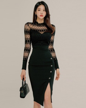 Fashion long sleeve ladies lace sexy round neck front slit dress