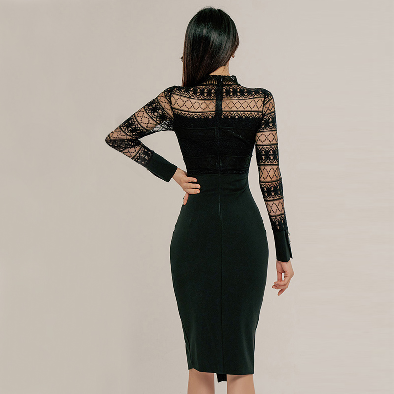 Fashion long sleeve ladies lace sexy round neck front slit dress