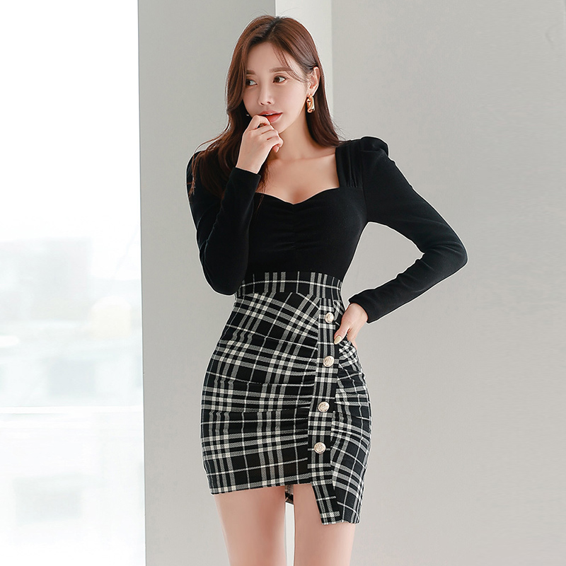 Slim sexy package hip square collar plaid splice small fellow dress