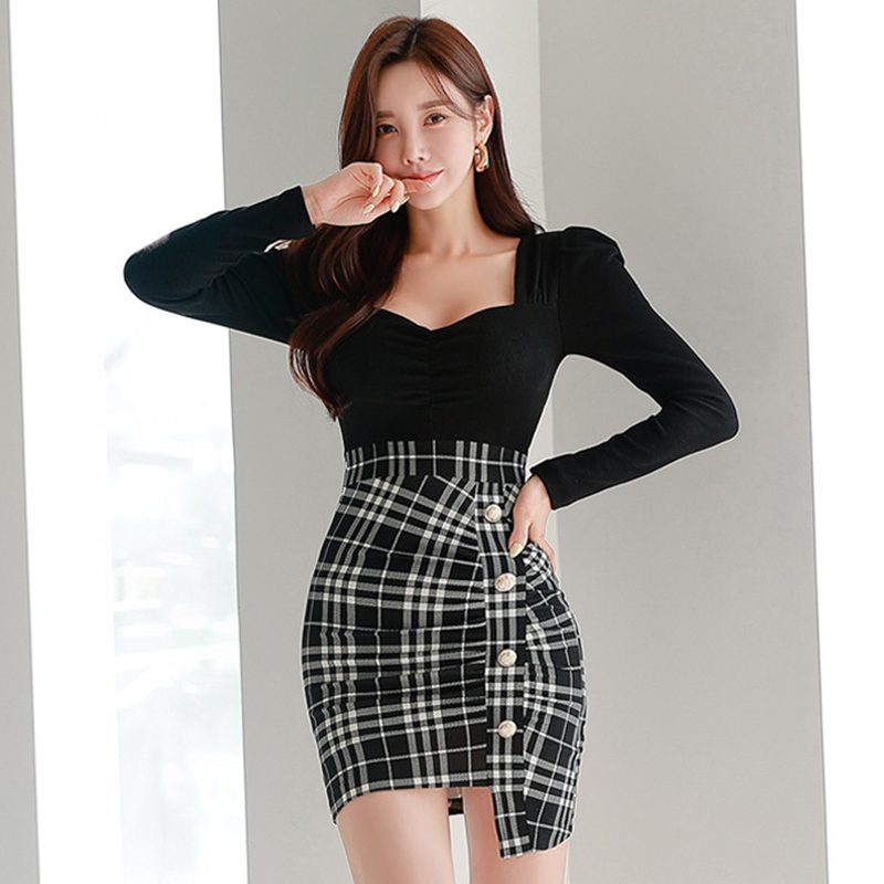 Slim sexy package hip square collar plaid splice small fellow dress