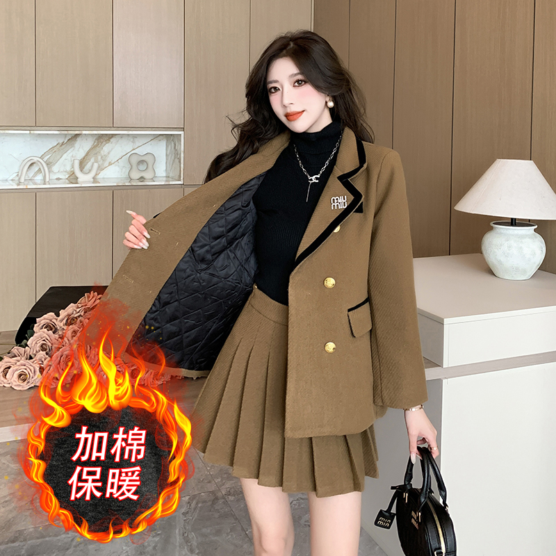 High waist pleated business suit thermal woolen coat 2pcs set