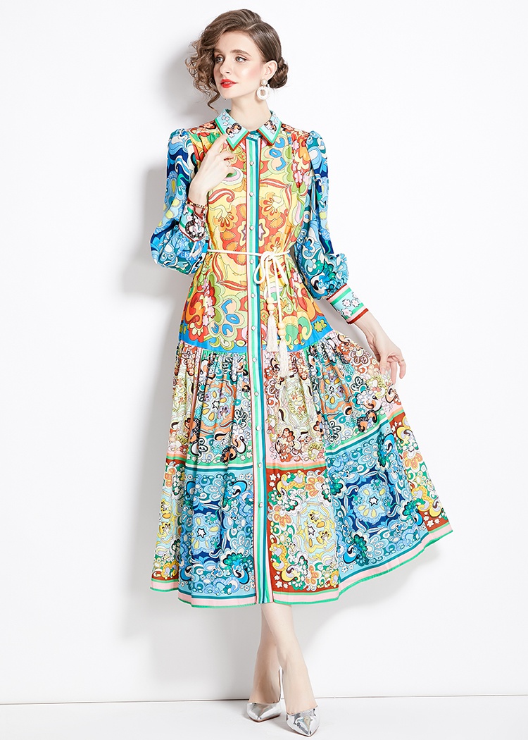 Printing spring and autumn long dress lantern sleeve dress