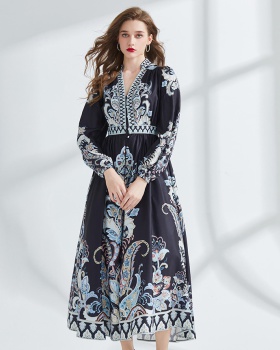 Court style flax jumpsuit spring printing long dress