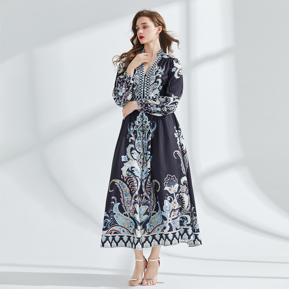 Court style flax jumpsuit spring printing long dress
