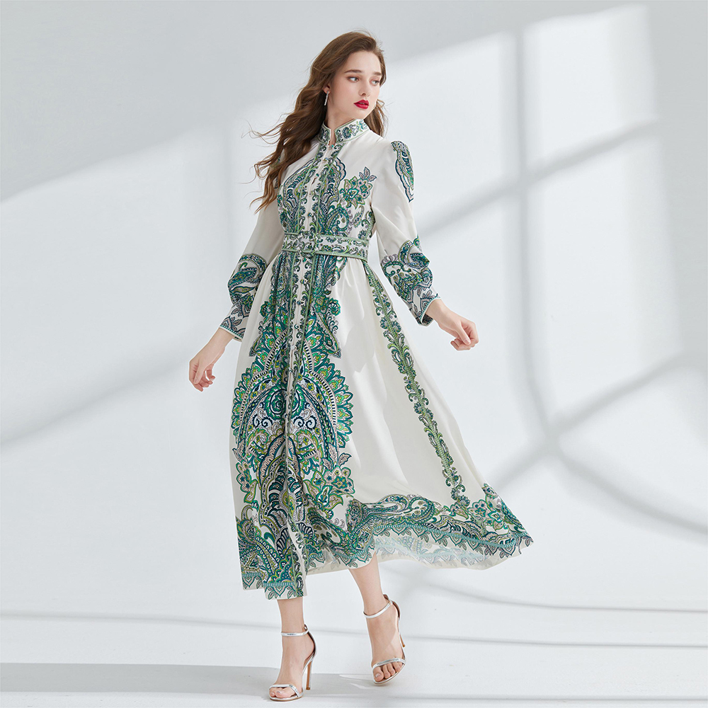 Printing pinched waist long dress long sleeve jumpsuit