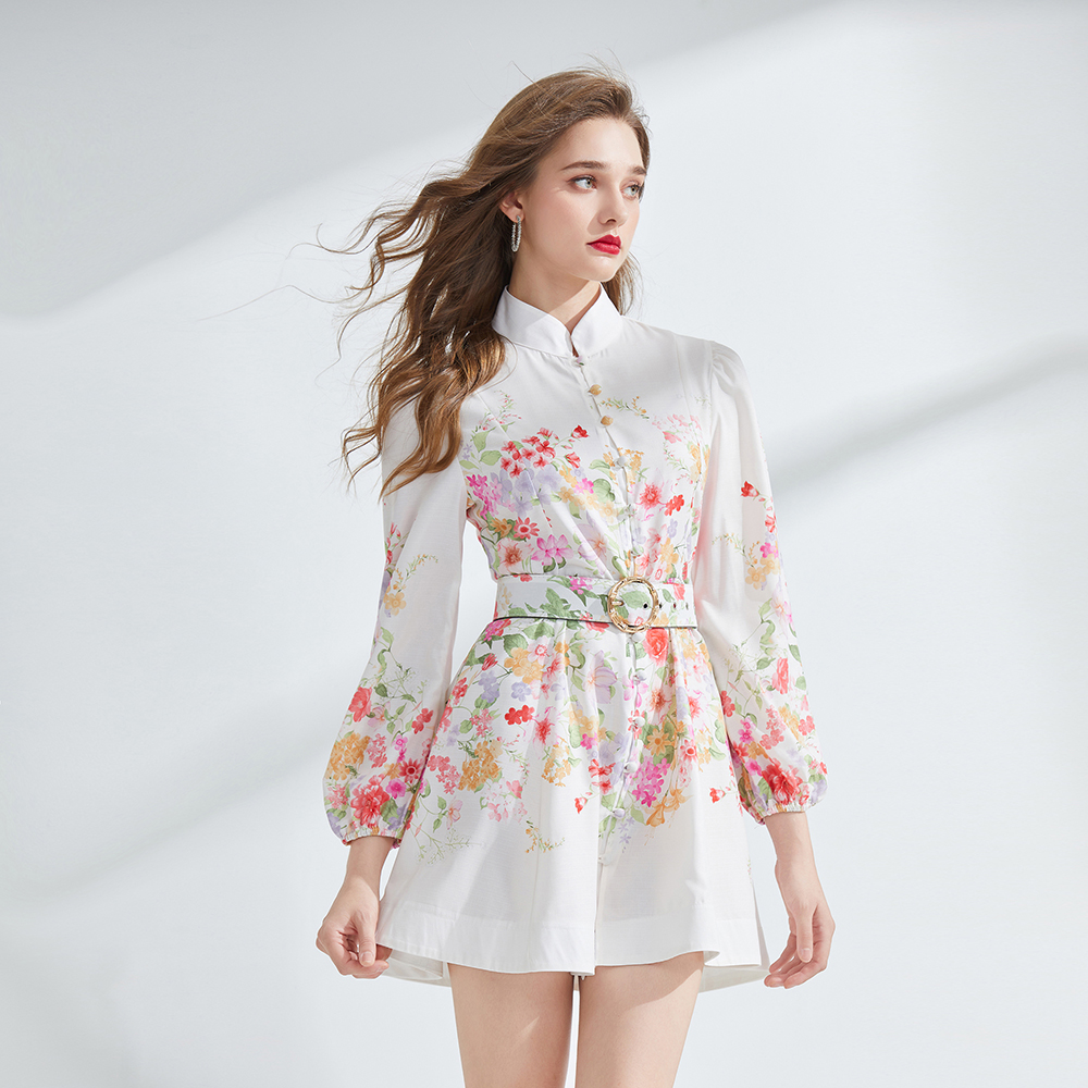 Long sleeve national style printing pinched waist dress
