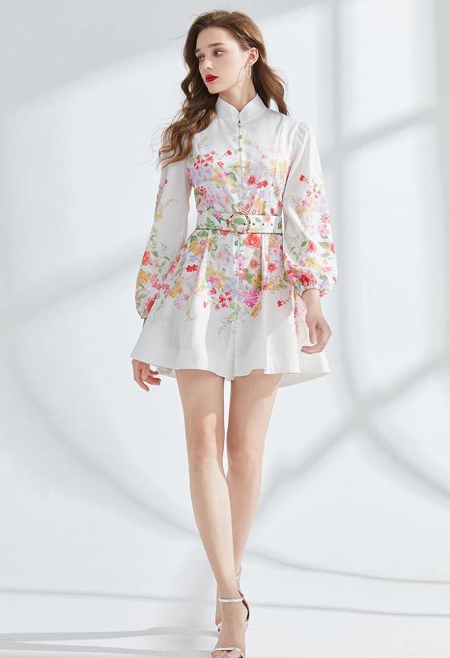 Long sleeve national style printing pinched waist dress
