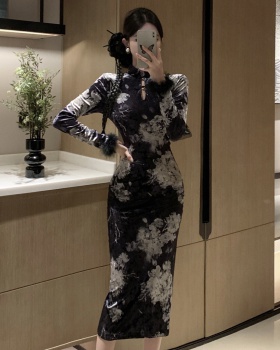 Package hip elegant long dress printing velvet cheongsam