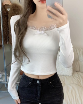 Lace bow bottoming shirt with chest pad short tops