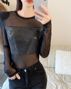Sequins gauze long sleeve tops sexy perspective bottoming shirt
