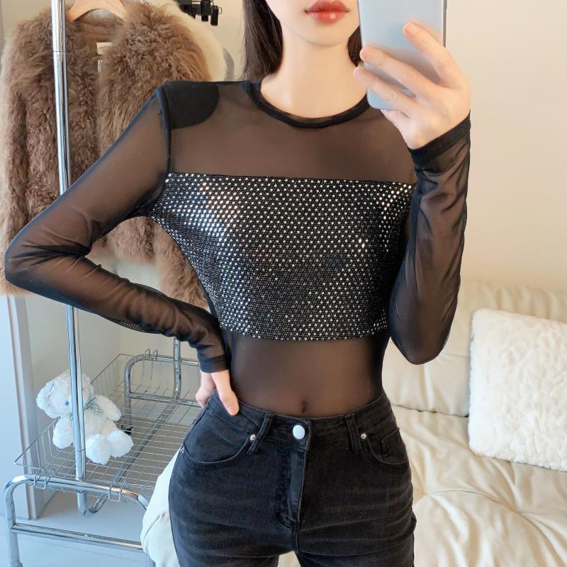 Sequins gauze long sleeve tops sexy perspective bottoming shirt