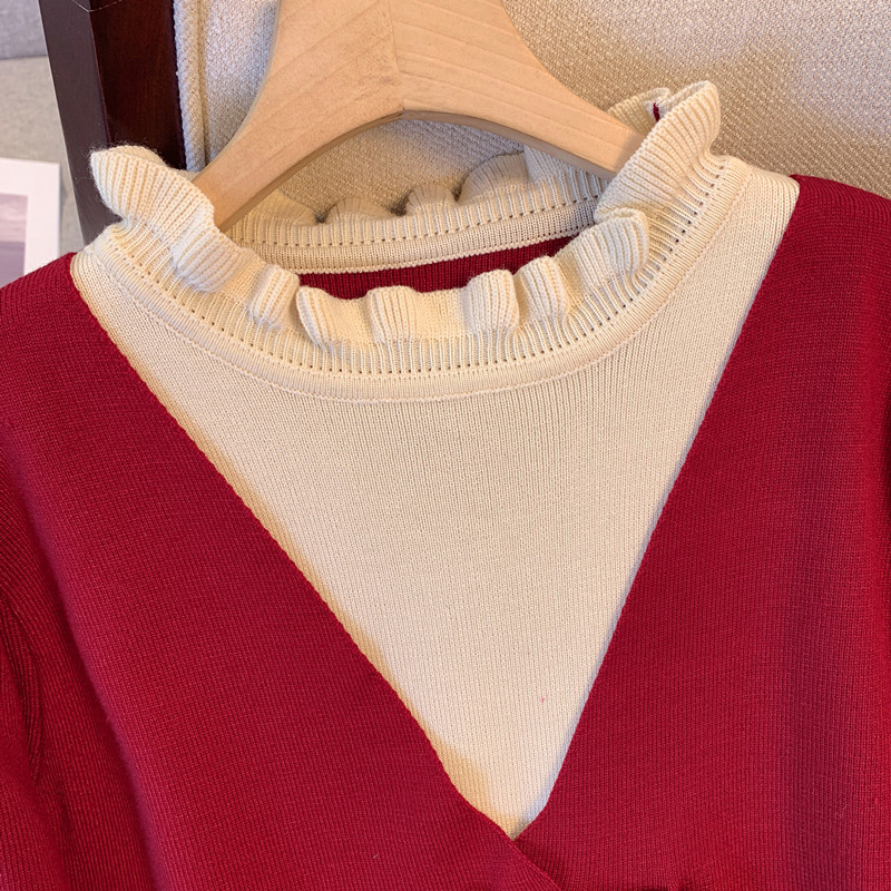 Retro Pseudo-two sweater dress slim winter dress for women