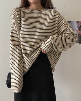 Loose all-match thick stripe round neck T-shirt