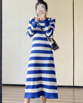 Stripe knitted slim long dress lazy bottoming overcoat