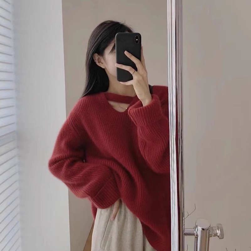 Lazy knitted red autumn and winter sweater for women