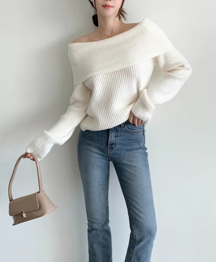 Horizontal collar simple tops knitted sweater