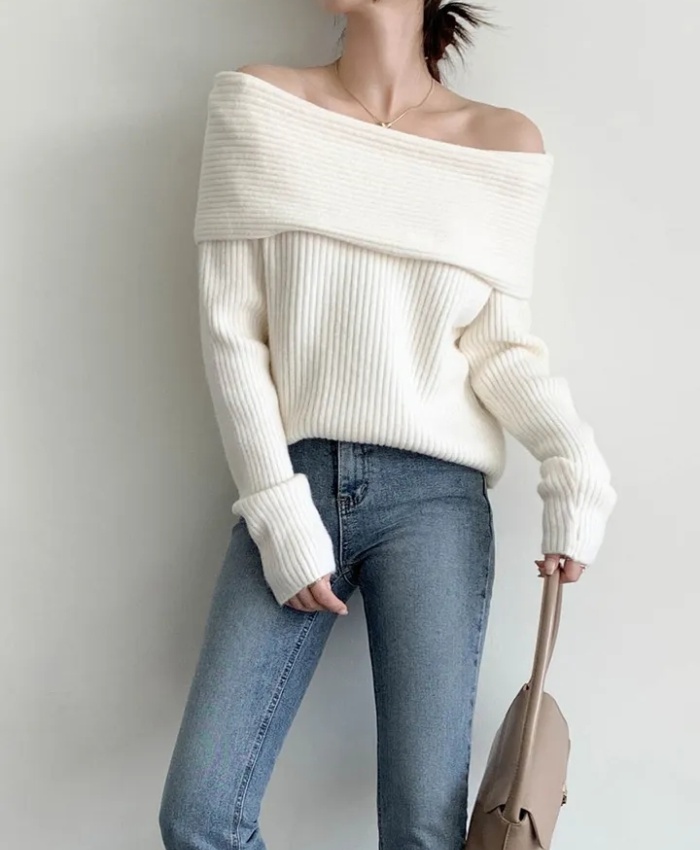 Horizontal collar simple tops knitted sweater