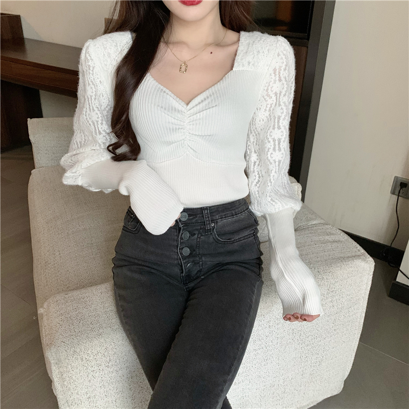 Long sleeve square collar slim autumn and winter tops