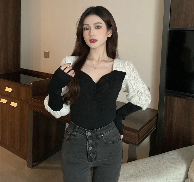 Long sleeve square collar slim autumn and winter tops