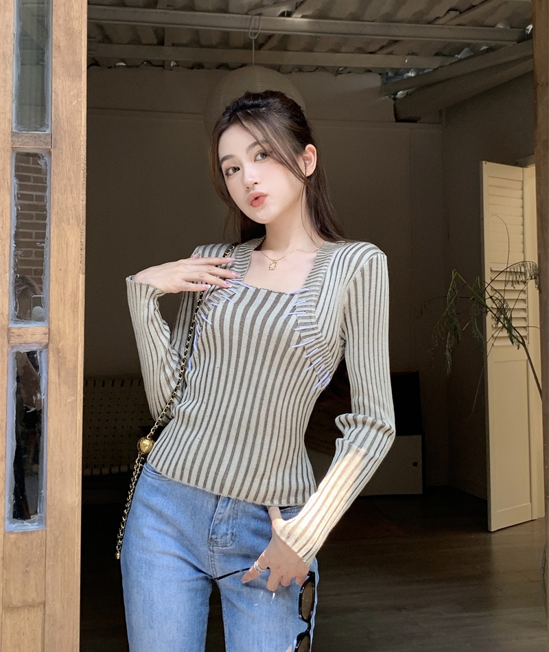 Long sleeve unique knitted mixed colors tops