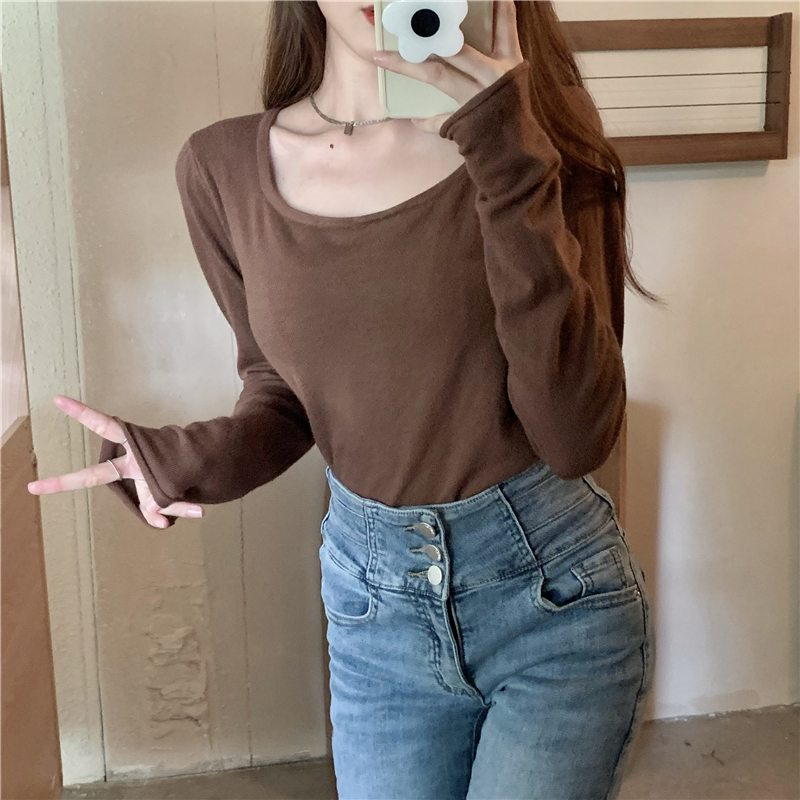 Knitted square collar T-shirt short pure tops