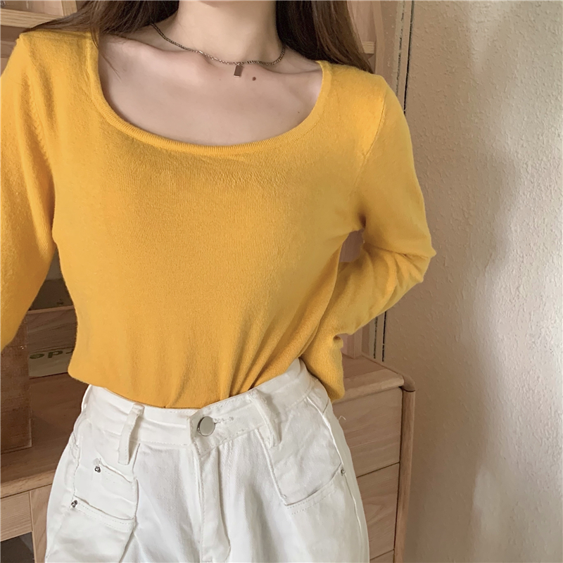 Knitted square collar T-shirt short pure tops