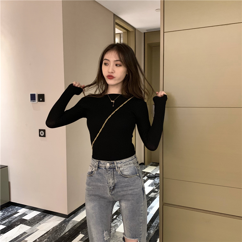 Long sleeve round neck simple T-shirt all-match slim basis tops