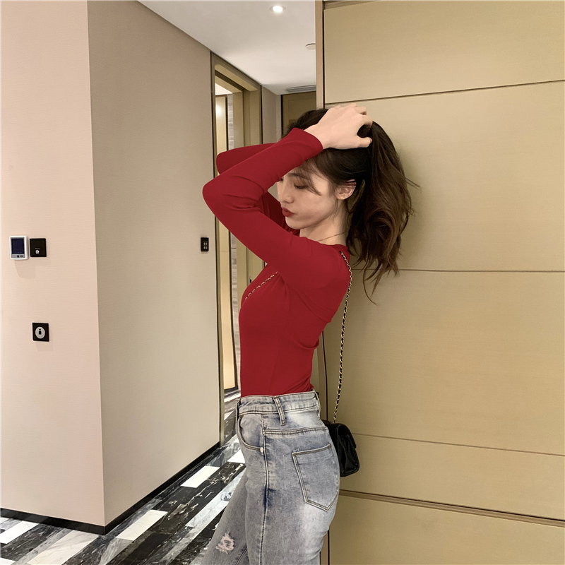 Long sleeve round neck simple T-shirt all-match slim basis tops