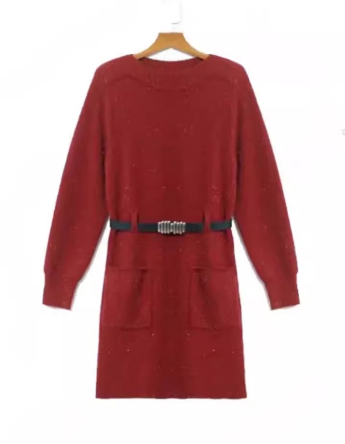 Knitted pinched waist overcoat all-match temperament dress