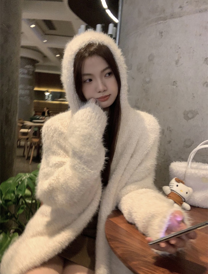 Autumn and winter Casual hairy coat hooded cozy cardigan
