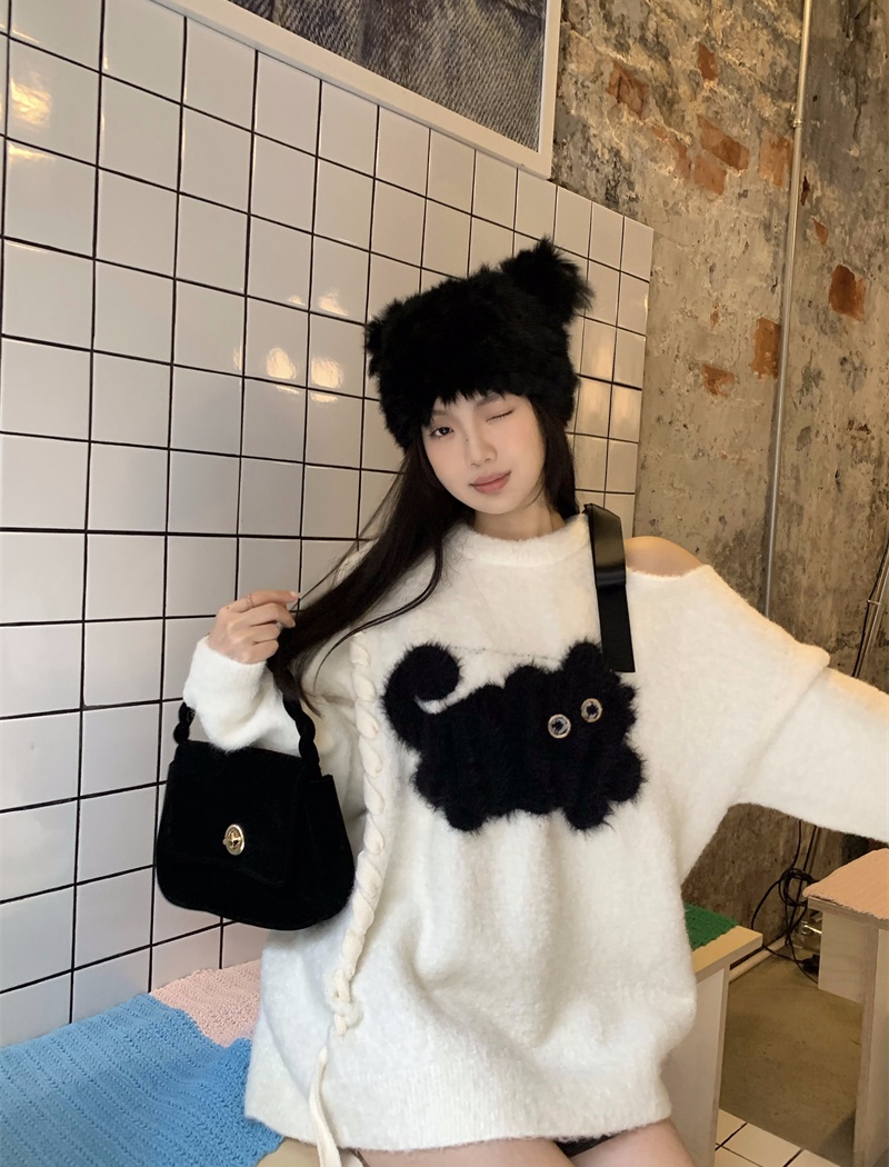 Pullover coat small black cat sweater for women