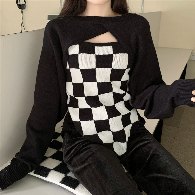 Chessboard plaid sweater all-match smock a set