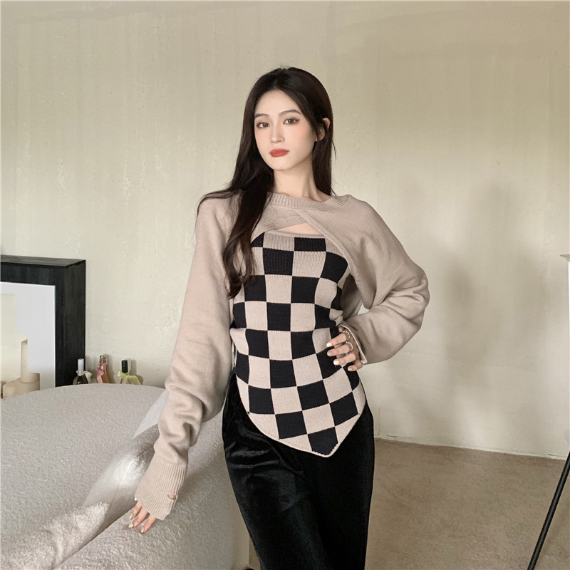 Chessboard plaid sweater all-match smock a set