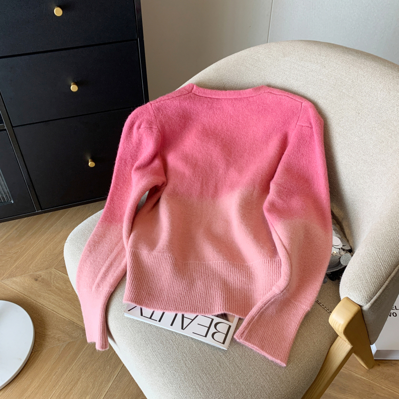 V-neck chanelstyle tops pink gradient sweater for women