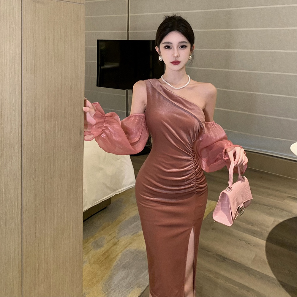 Velvet splice formal dress organza sleeve strapless dress