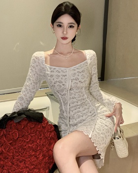 Package hip slim white lace sueding long sleeve dress