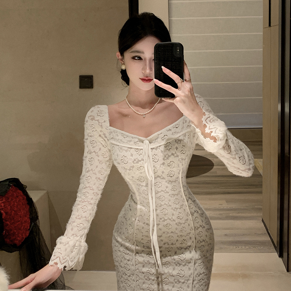 Package hip slim white lace sueding long sleeve dress