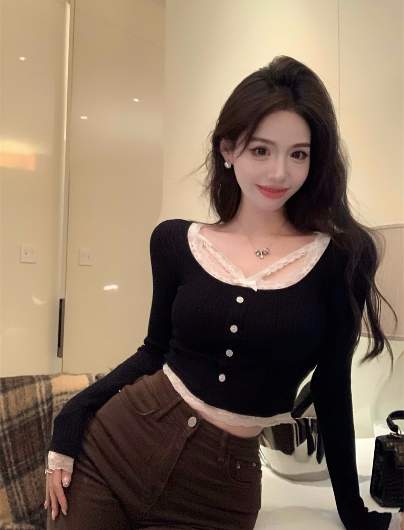 Lace long sleeve short tops bottoming all-match T-shirt