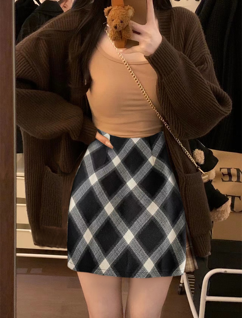 Plaid package hip high waist slim retro skirt