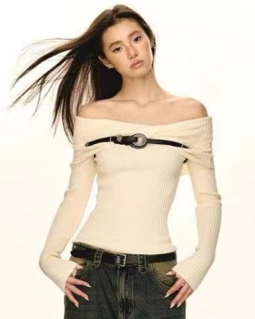 Retro slim spicegirl tops autumn flat shoulder sweater