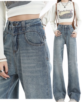 Straight loose denim retro long pants for women