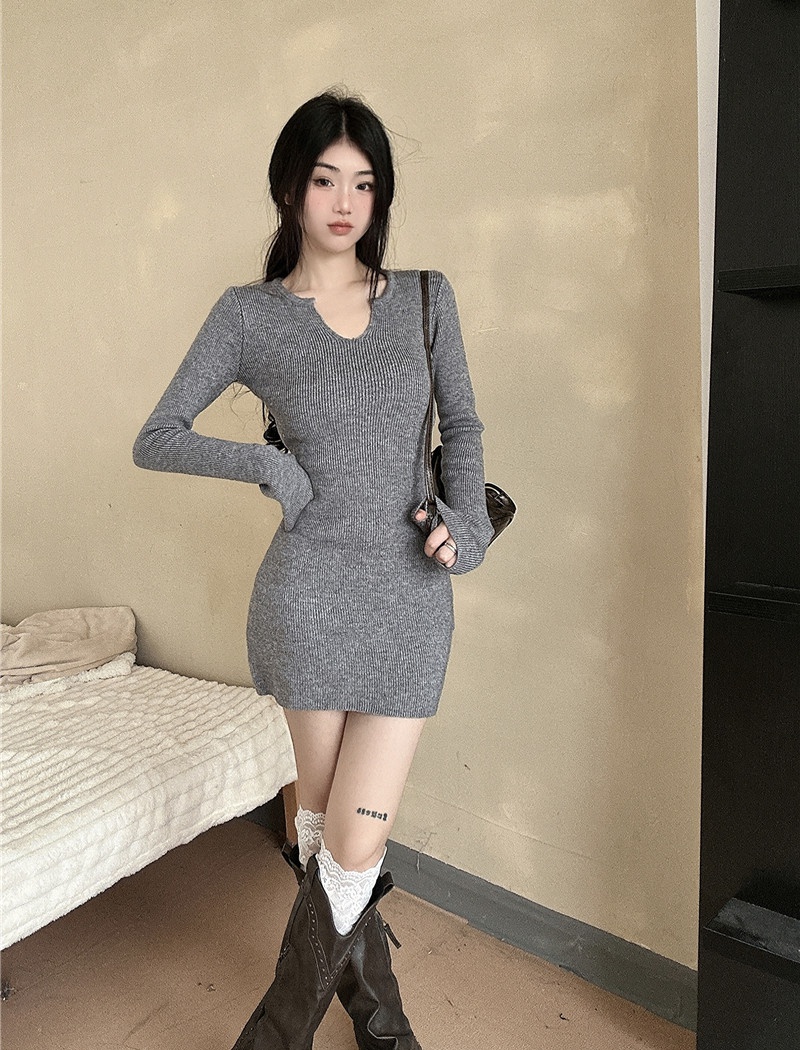 Bottoming knitted V-neck T-back sexy inside the ride dress