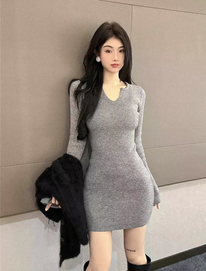 Bottoming knitted V-neck T-back sexy inside the ride dress